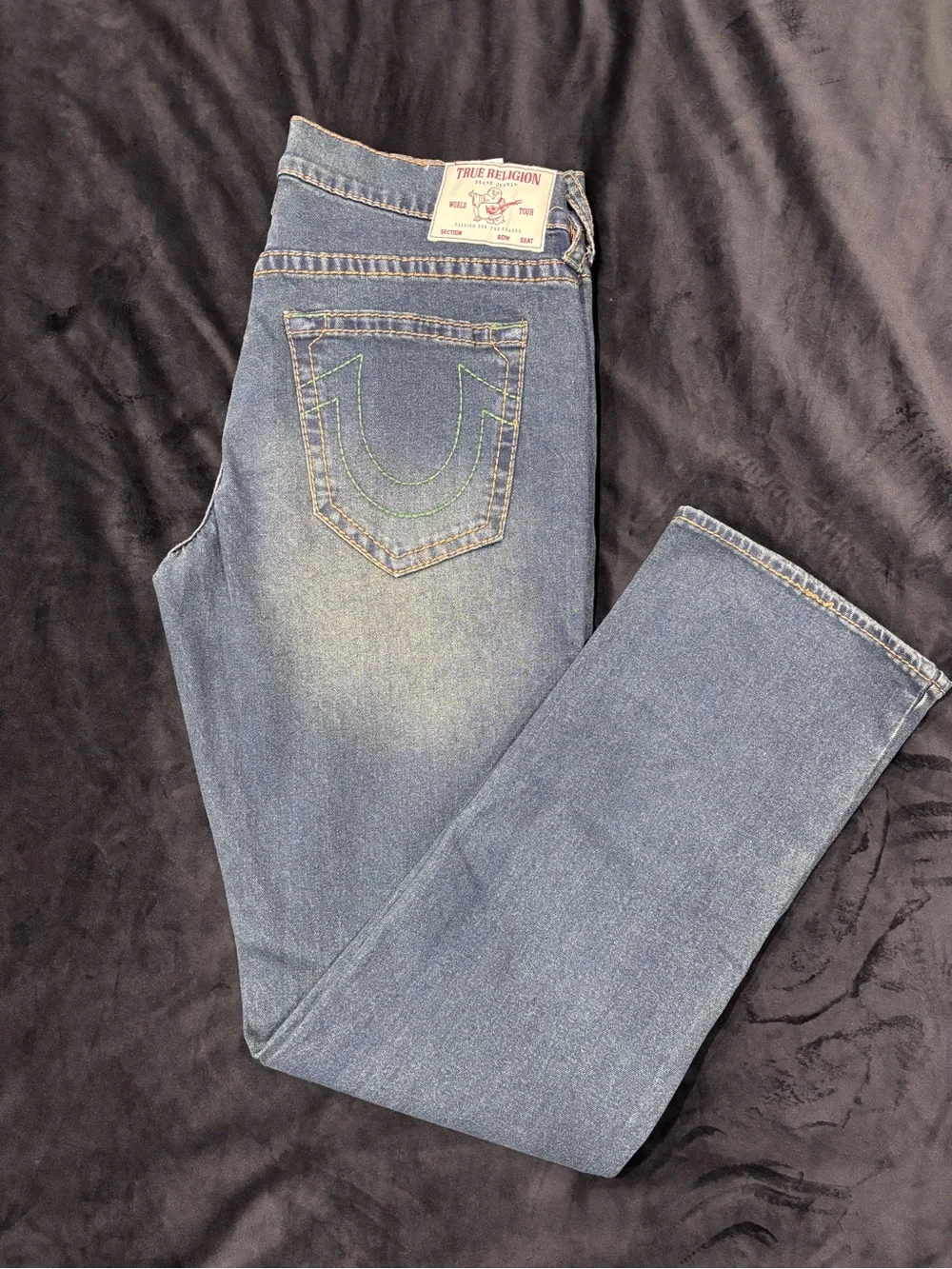True Religion Blue Jeans with Green Stitching Accent